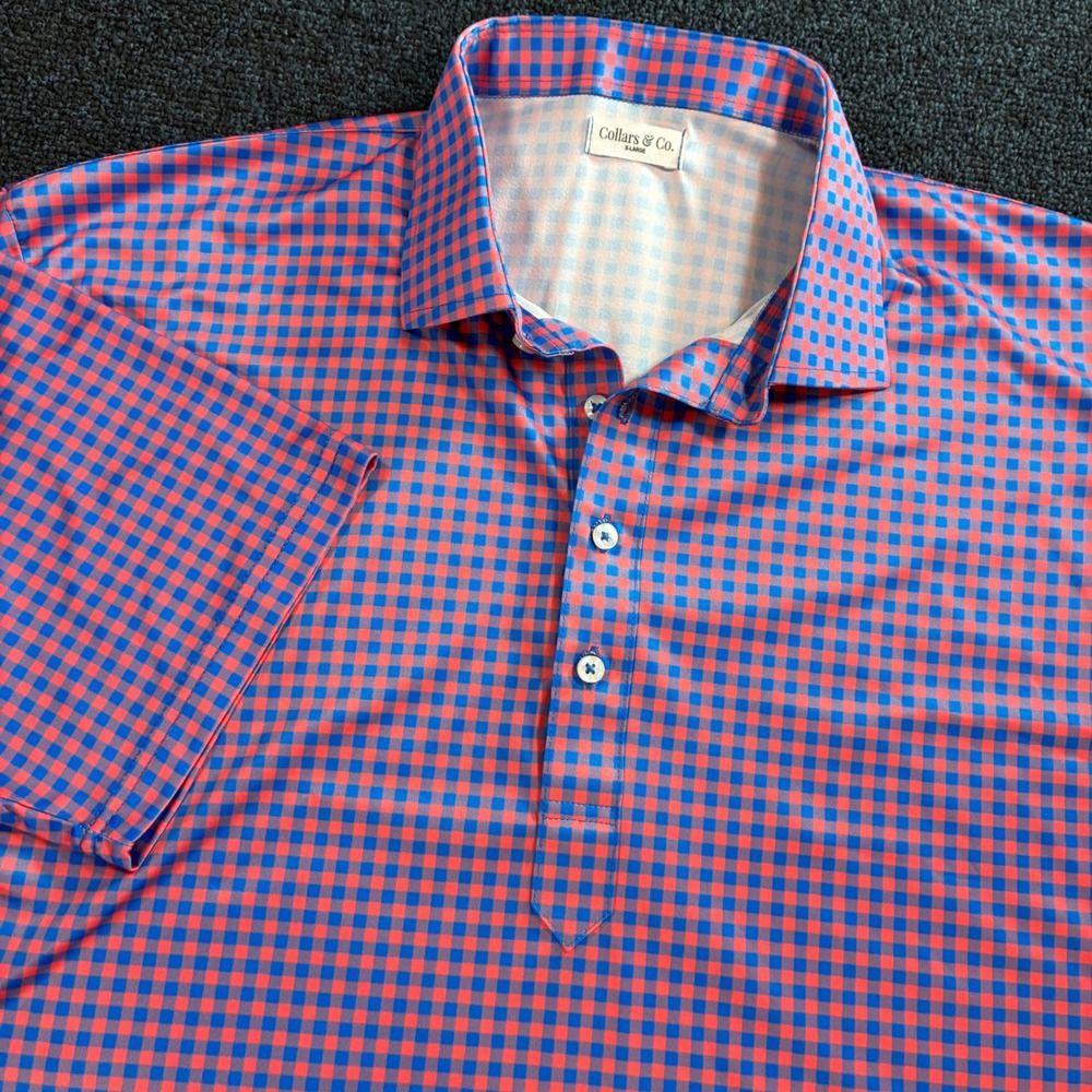 Collars & Co Dress Collar Polo Mens XL Pink Blue Gingham Check Performance Shirt